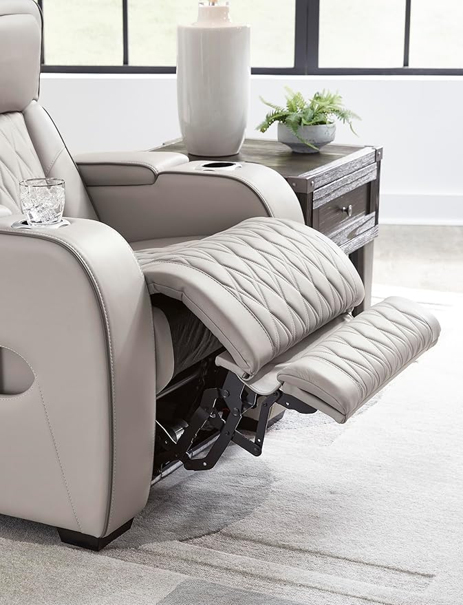 Signature Design by Ashley Boyington Contemporary Leather Match Power Reclining Sofa with USB Charging Ports, LED Lights and Adjustable Headrest, Light Gray