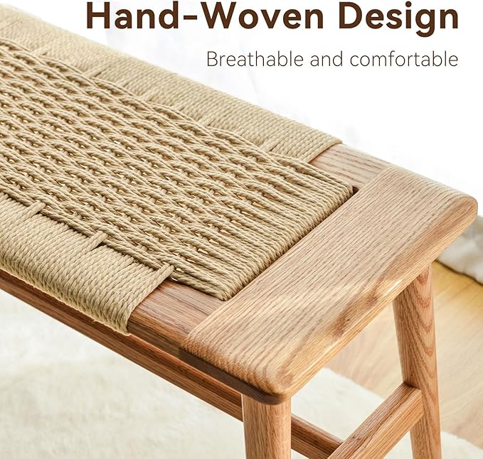 OOKSEN Entryway Bench, Solid Wood Dining Bench, 31.5" Wooden End of Bed Benches, Midcentury Modern Bedroom Benches Stool with Hand-Woven Rope for Kitchen Living Room Hallway