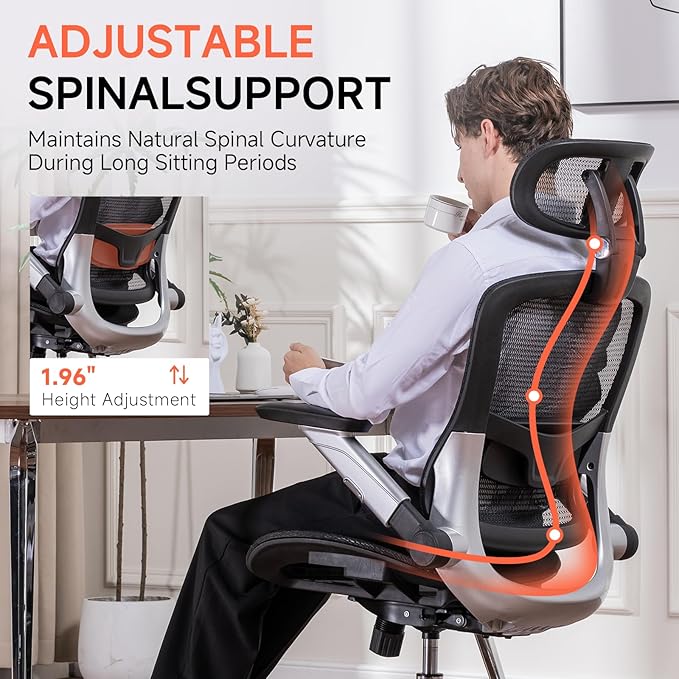 COMHOMA Big and Tall Ergonomic Mesh Office Chair, High Back Home Desk Chair Computer Gaming Chair with Headrest, Flip-Up Arms, 90-125° Tilt Lock and Wide Cushion, Task Chair for Man Woman- Black