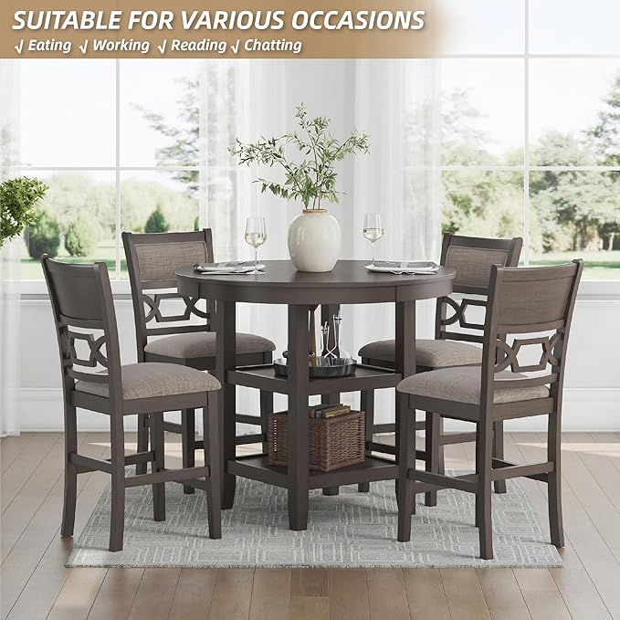Signature Design by Ashley Wrenning Modern Diamond Patterned Counter Height Dining Table and 4 Upholstered Bar Stools with 2 Shelves, Set of 5, Gray & Light Gray