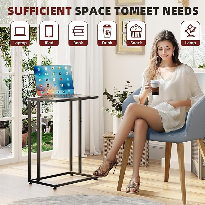 Simple Trending C Table Tempered Glass End Table, Couch Side Table, Snack Sidetable with Metal Frame, TV Tray Table for Small Space, Sofa Couch and Bed Side Table, Black