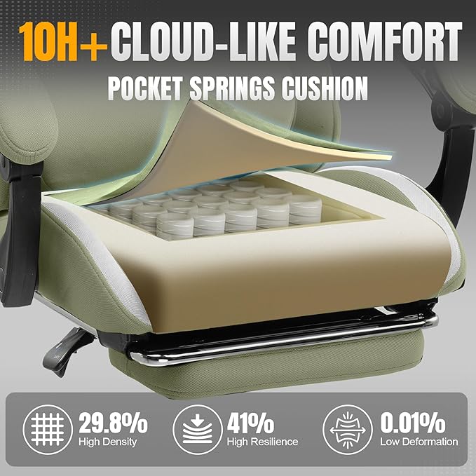 GTRACING Gaming Chair with Foot Rest & Pocket Spring Cushion, Breathable Fabric for Home Office Desk, Ergonomic High Back Computer Chair with Headrest & Lumbar Support, Green
