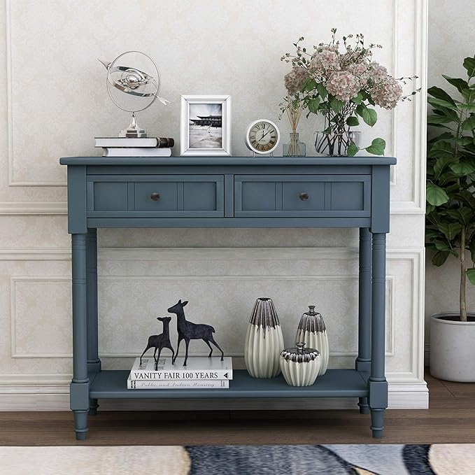Merax Daisy Series Entryway Table with Storage Drawers and Bottom Shelf Navy