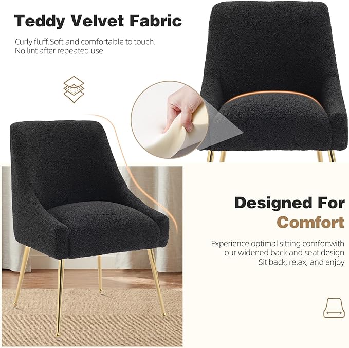 Dining Chairs Medieval Modern Restaurant Chairs, Soft Cushions, Teddy Velvet, Polished Gold Metal Legs, Kitchen Chairs, Living Room Black 6-Piece Set