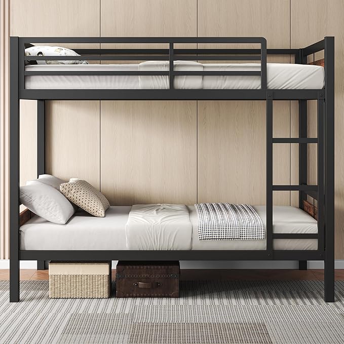 Feonase Metal Bunk Bed Twin Over Twin with Ladder and High Guardrail, Heavy-Duty Metal Slats Support, Noise Free, No Box Spring Needed, for Kids and Juniors, Vintage