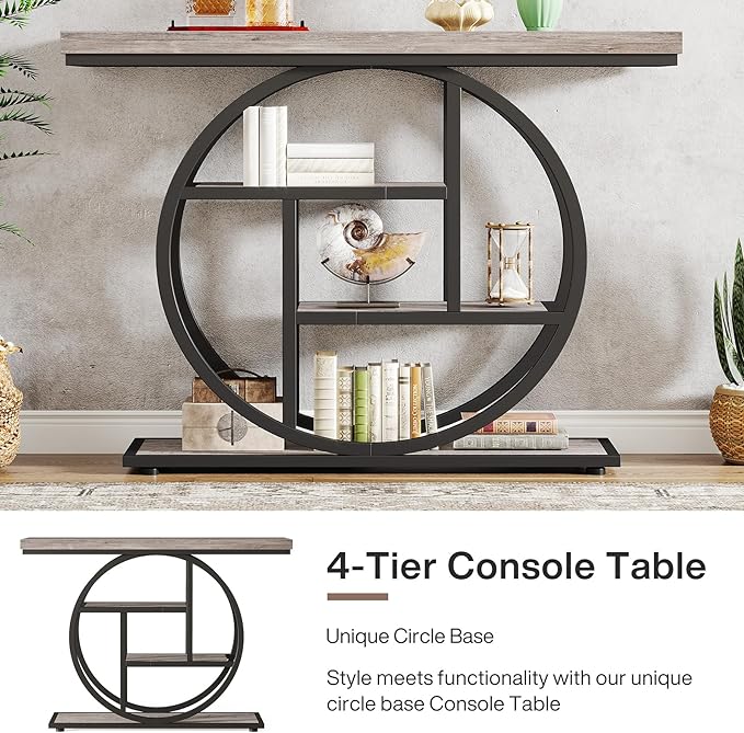 Tribesigns 41.3" Console Table, Industrial 4-Tier Sofa Table Entryway Table with Circle Base, Narrow Wood Accent Tables with Storage Shelves for Living Room, Hallway, Foyer, Gray