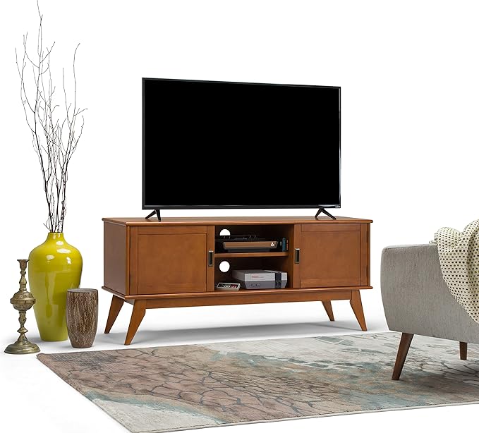 SIMPLIHOME Draper SOLID HARDWOOD 60 inch Wide Mid Century Modern TV Media Stand in Teak Brown For TVs up to 65 inches for the Living Room and Entertainment Center