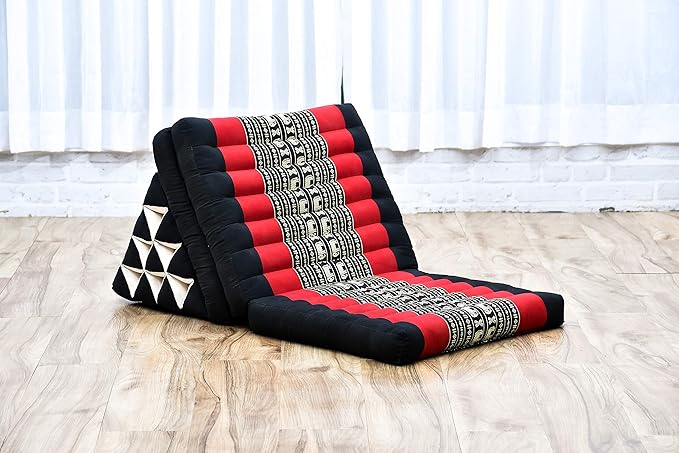 Leewadee - Comfortable Japanese Floor Mattress - Thai Floor Bed with Triangle Cushion - Futon Mattress - Thai Massage Mat, 67 x 21 inches, Black Red, Kapok Filling