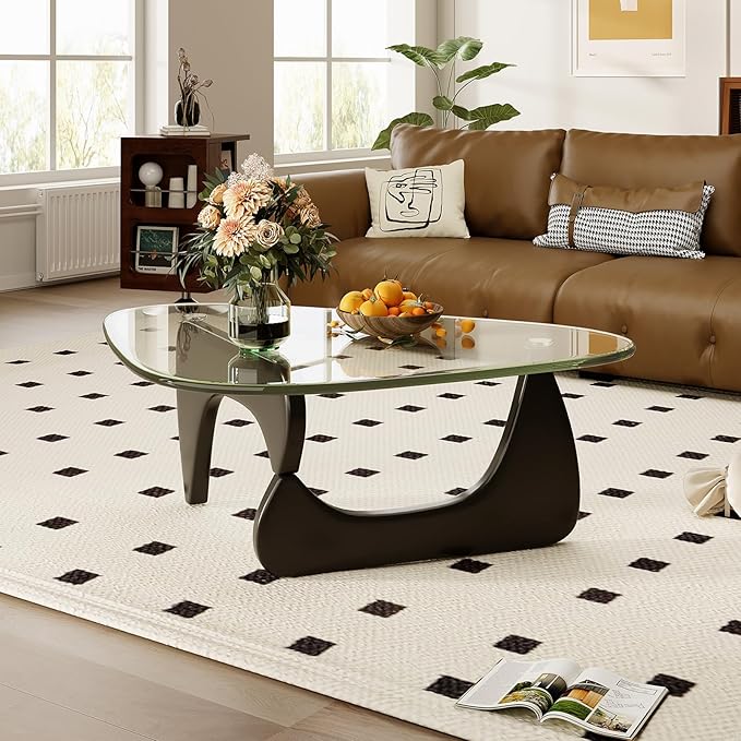 Glass Coffee Table for Living Room Mid Century Modern Triangle Center Table with Wooden Base, Transparent/Black
