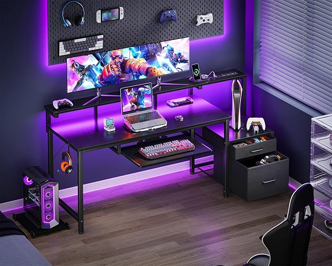 AODK Computer Desk with Drawers and Keyboard Tray, 63" Office Desk with Power Outlet and LED Lights, Reversible Study Work Desk with Printer Shelf and PC Stand for Home Office, Black