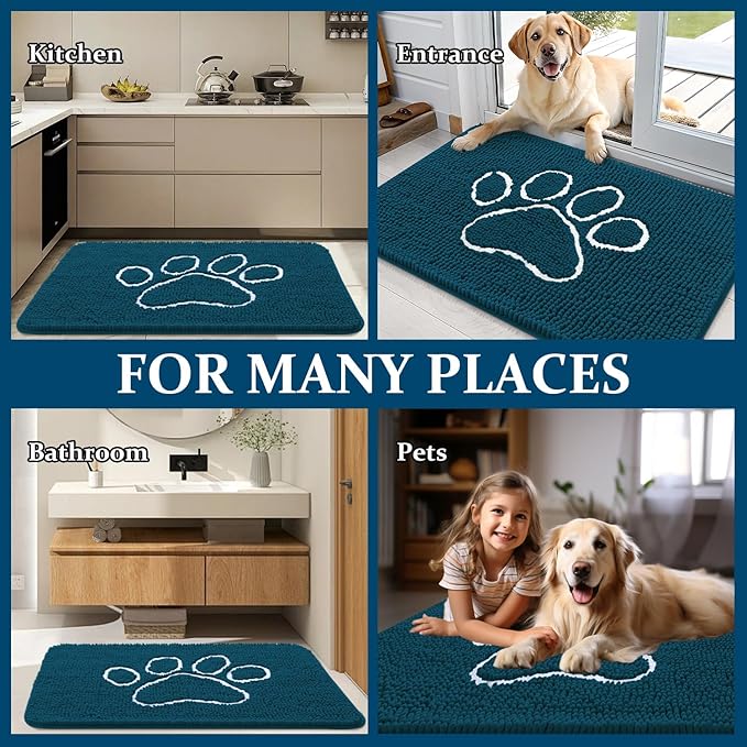 OLANLY Door Mat for Muddy Dog Paws 24x16, Absorbent Chenille Mud Doormat with Paw Print Design, Non-Slip Washable Doormat for Indoor Entryway, Quick-Dry Pet Bed Mats for Dirty Dogs, Atlantic Blue