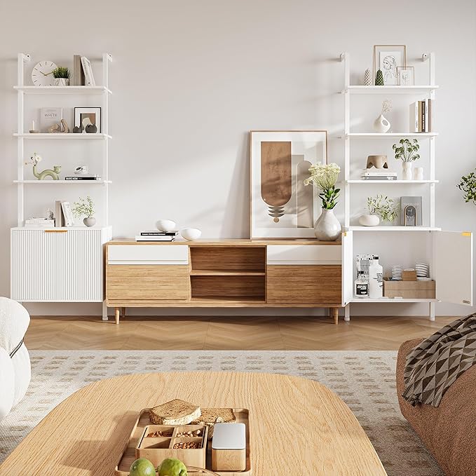 74" Tall Bookshelf with Storage Cabinet, Modern Ladder Shelf with Wood and Metal Frame, Wall Mount Bookcase Open Display Shelf Furniture for Living Room, Bedroom, Home Office, White