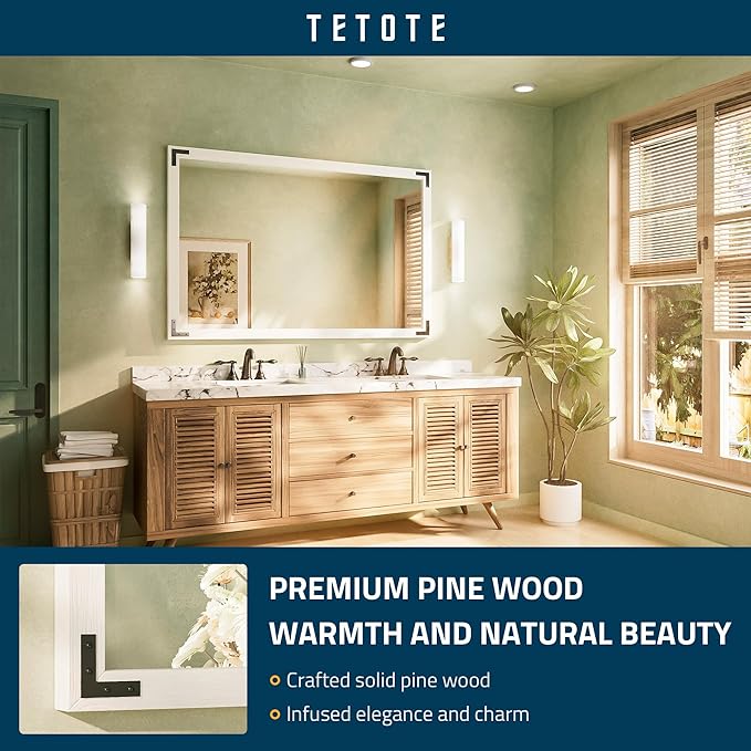 TETOTE 55 x 36 White Wood Mirror for Bathroom Wall/Bedroom/Living Room/Entryway Farmhouse Rustic Bathroom Vanity Mirror Waterproof (Horizontal/Vertical Mounted)