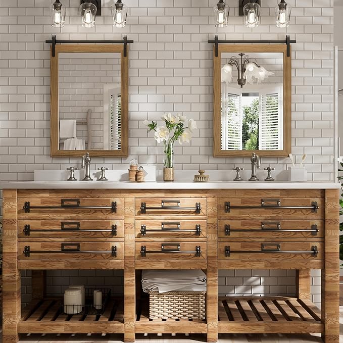 Farmhouse Bathroom Mirror, Brown Rustic Vanity Mirror Wood Framed Decrative Mirrors, Barn Door Style Decor Entryway Bedroom 22x30INCH Horizontal