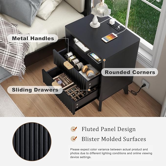 Fluted Nightstand with Charging Station, 19.7 inch Wide End Table with 2 Drawers, Modern Wood Bedside Table for Bedroom, Black