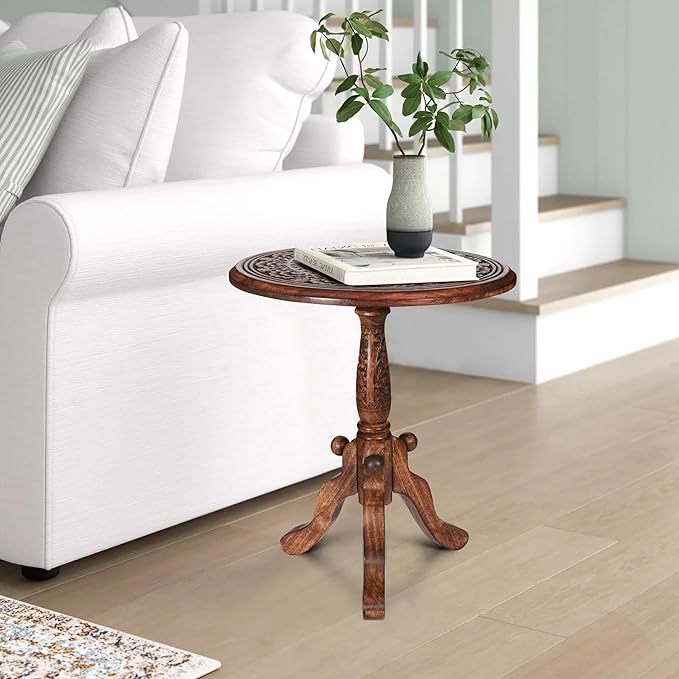 The Wooden Town Handcrafted Carved Round Side Table – 18x21 Inch Coffee Table for Living Room | Solid Wood Accent End Table with Pedestal Base | Altar Table for Home Décor