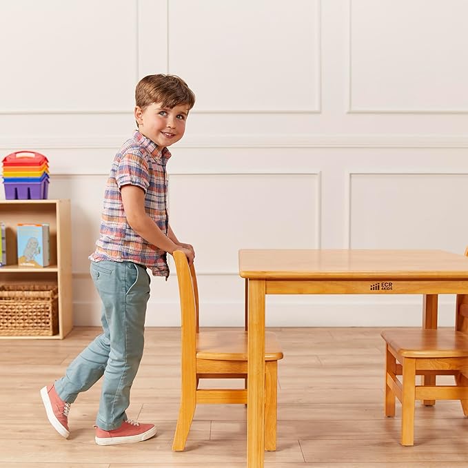 ECR4Kids 30in x 30in Square Hardwood Table and Chair Set, 12in Seat Height, Kids Furniture, Honey
