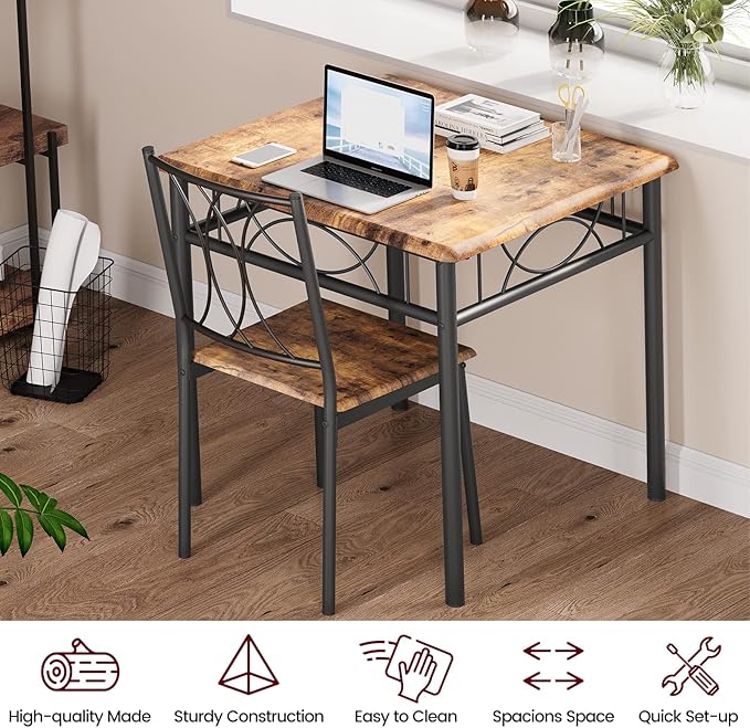 CABIHOME Dining Table Set for 2, 3 Piece Kitchen Table Set for 2, Square Kitchen Table Set of 2, Dining Table Set for Small Space, Apartment, Dining Room, Retro Brown