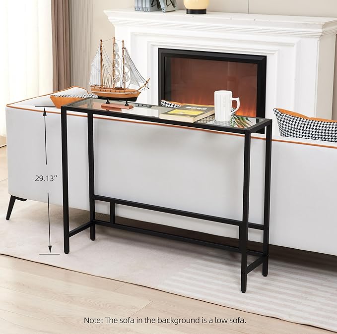 MAJARO Small Modern Console Table for Entryway, Tempered Glass with Metal Frame Sofa Table for Living Room, Hallway, Office (Single-Layer, Black)