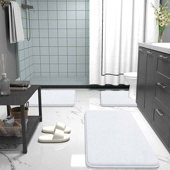OLANLY Thick Memory Foam Bath Mat Rug 47x24, Extra Soft Absorbent Bathroom Rug, Quick Dry Bath Mats, Non-Slip, Machine Washable Carpet for Bathroom, Tub and Shower, Home Decor Accessories, White