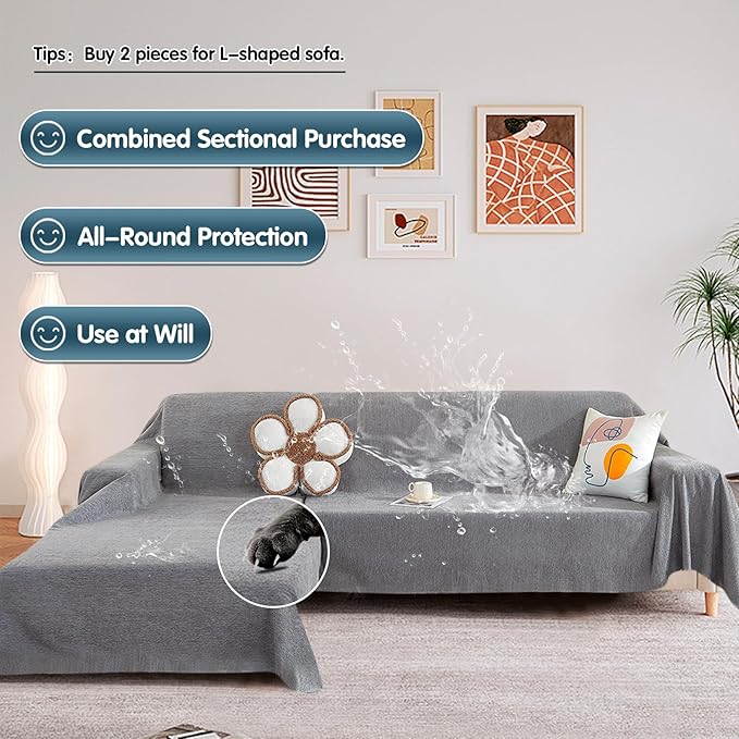 STACYPIK Waterproof Gray Sofa Cover for Pets, Anti-Scratch Cats Couch Cover for 2 Cushion Couch, Anti-Slip Loveseat Covers for Sectional, Washable Sofa Silpcover Pet Furniture Protector-71X118IN
