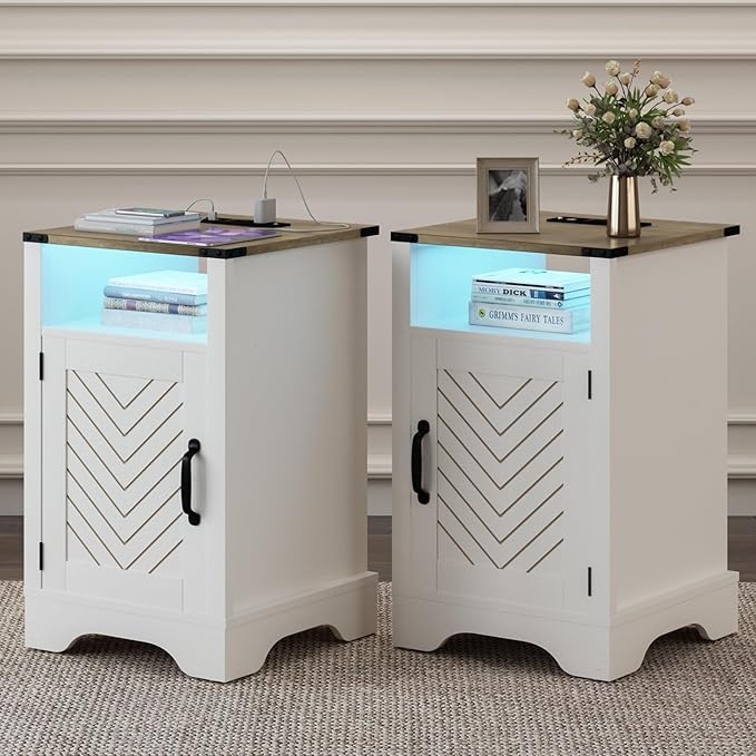 RoyalCraft Farmhouse Nightstand, White Night Stand with LED Lights and Charging Station, Bedside Table Set of 1 with Storage and Door, Wood End Table for Bedroom, Home Office, Antique White