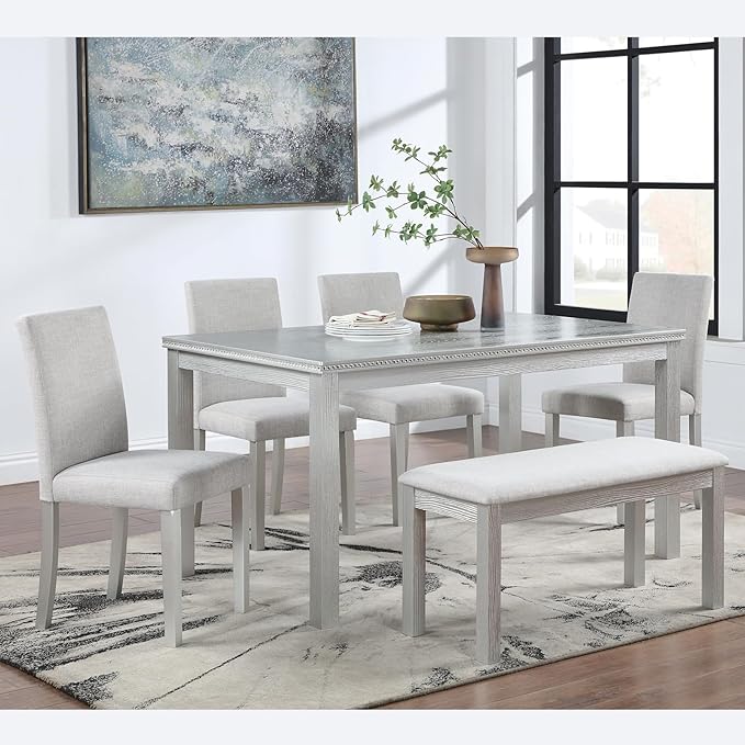 soges 6 Piece Wooden Dining Table Set, Dining Room Table with 4 Upholstered Chairs and Bench, Rectangular 6-Person Kitchen Dining Table Set with Crystal Decoration, Silver Grey