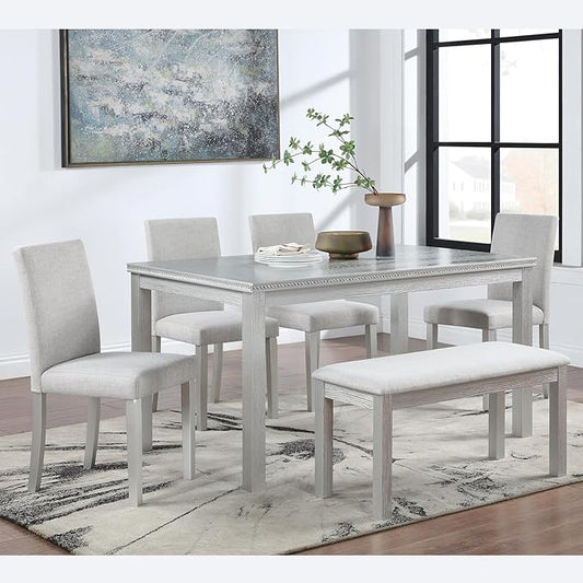 soges 6 Piece Wooden Dining Table Set, Dining Room Table with 4 Upholstered Chairs and Bench, Rectangular 6-Person Kitchen Dining Table Set with Crystal Decoration, Silver Grey