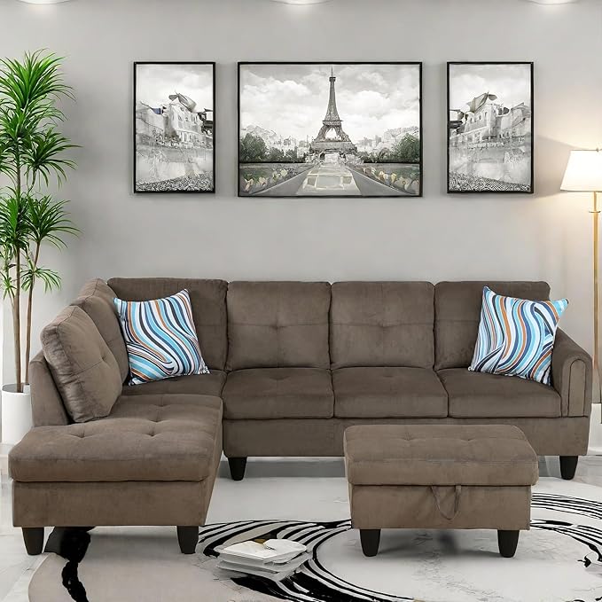 Convertible Sectional Couch, Large L Shaped Couch with Storage, Modern Modular 5-Seat Sectional Sofa with Ottomans for Living Room and Office, Brown