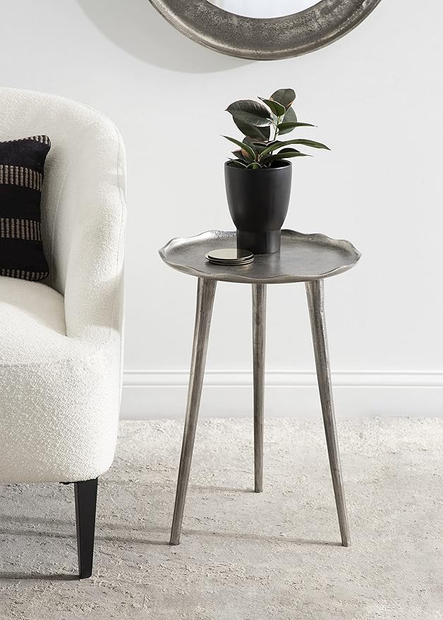 Kate and Laurel Alessia Modern Round Metal Side Table; 15 x 15 x 22; Silver; Decorative Glam Cast Aluminum End Table with Deckled Edge for Bedroom Nightstand or Living Room Accent