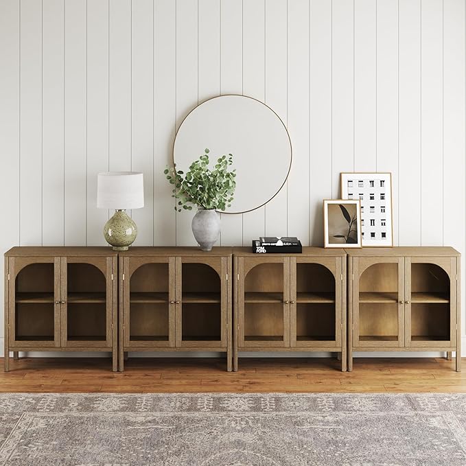 Nathan James Mason TV Stand, Free Standing Accent Sideboard Buffet, Credenza with Glass Doors and Adjustable Shelf in Brushed Light Brown Wood for Dining Room, Entryway and Living Room, Set of 4