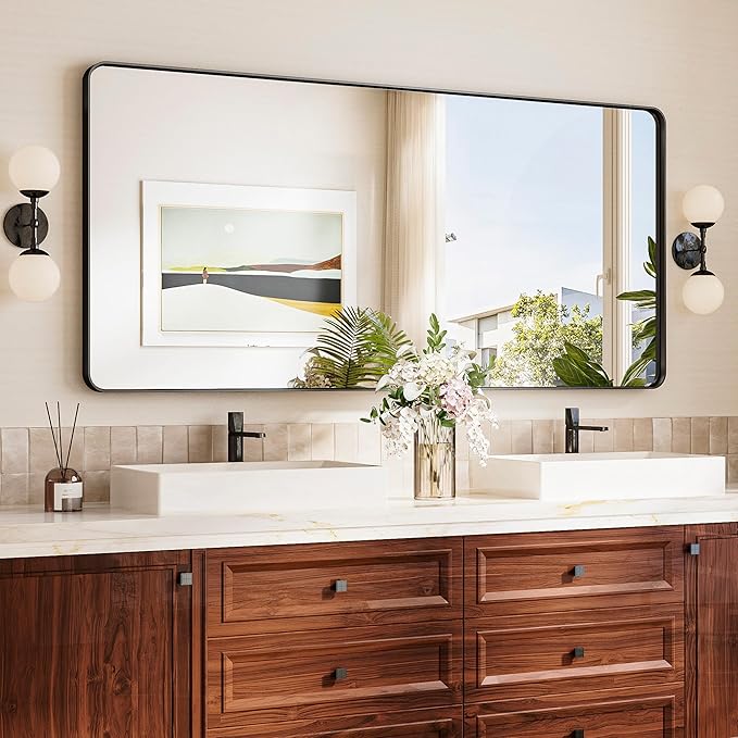 TokeShimi 60x28 Wall Mirror for Bathroom,Matte Black Bathroom Vanity Mirror,Tempered Glass,Large Rectangle Mirror,Rustproof Framed Bathroom Mirror(Horizontal/Vertical)