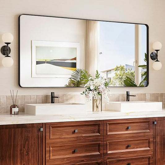 TokeShimi 60x28 Wall Mirror for Bathroom,Matte Black Bathroom Vanity Mirror,Tempered Glass,Large Rectangle Mirror,Rustproof Framed Bathroom Mirror(Horizontal/Vertical)