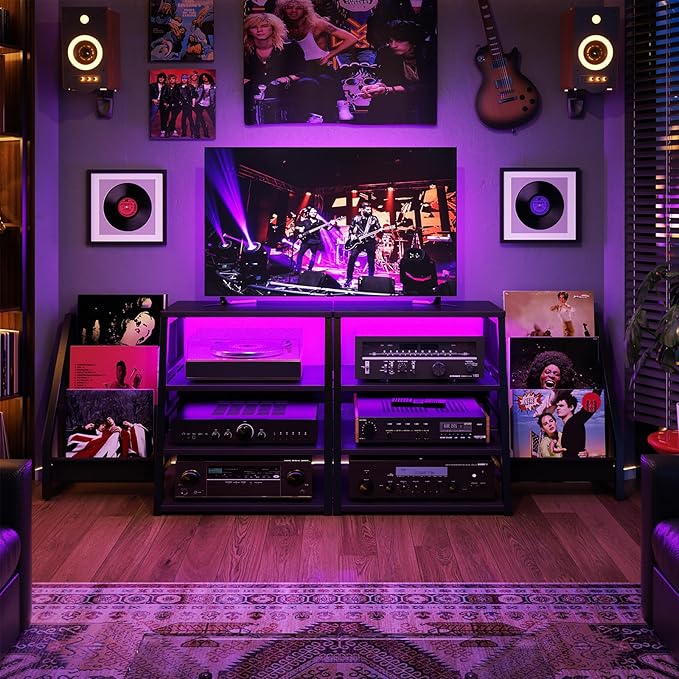 AV Media Stand with Outlets, Stereo Stands and Racks with Vinyl Storage, Stereo Stand with Record Storage, Audio Stereo Rack Cabinet, Turntable Console Stand with LED lights, 4 Tiers, Black Ebony