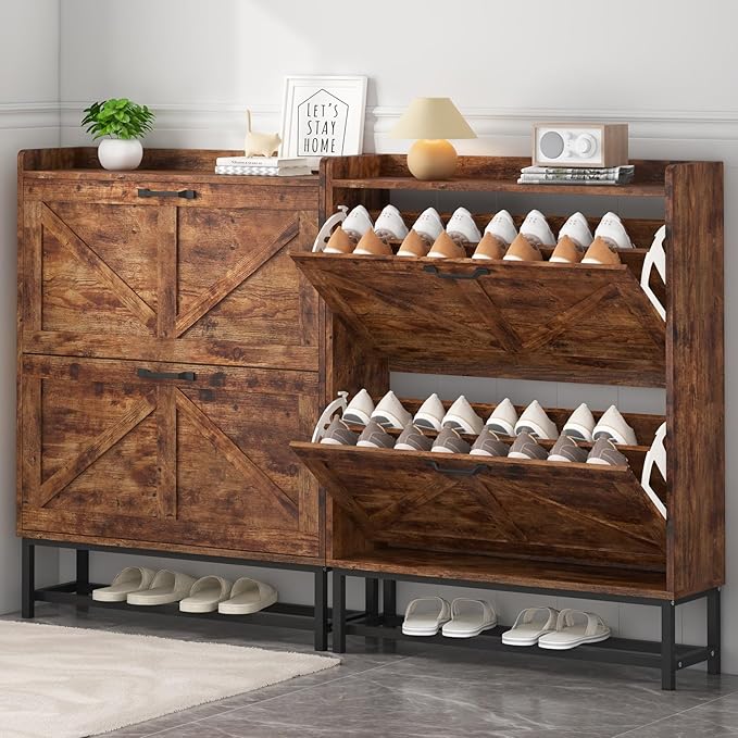JSB Shoe Cabinet with 2 Flip Drawers, Freestanding Storage Organizer Shelf with Metal Legs, Narrow Shoe Rack Cabinet for Entryway (Rustic Brown, 2-Drawers)