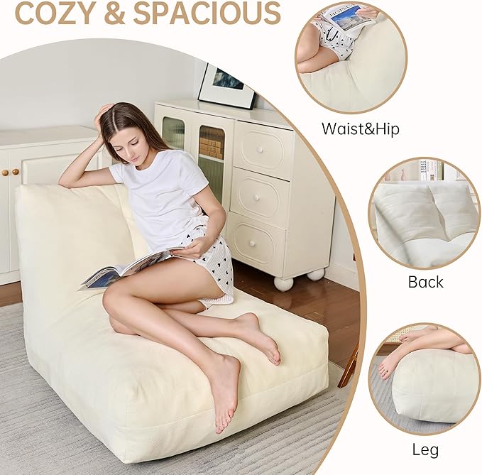 Bean Bag Chairs for Adults, Memory Foam Bean Bag Chair, Spacious Single Sofa, Ergonomic Support Reading Floor Sofa Chair with Filler, Comfy Cozy Beanbag Couch for Bedroom Living Room (Beige)