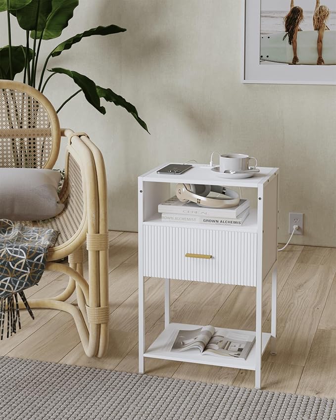 White Nightstand with Charging Station, Fluted Side Table with Drawer, Modern Bedside Table with Open Shelves for Living Room, Bedroom
