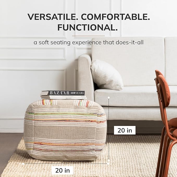 Anji Mountain 100% Handmade & Handcrafted Comfortable Home Décor Pouf Ottoman Footrest for Living Room, Bedroom, Nursery, Kidsroom, Patio Furniture - (20" x 20" x 20"- Multicolor,Beige,White)
