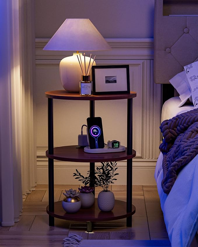 Small Round Side Table - 3-Tier Oval Accent Table for Small Spaces, Rustic Wood and Metal Nightstand for Living Room or Bedroom, with Built-in USB Ports and Power Outlet, Rustic Walnut