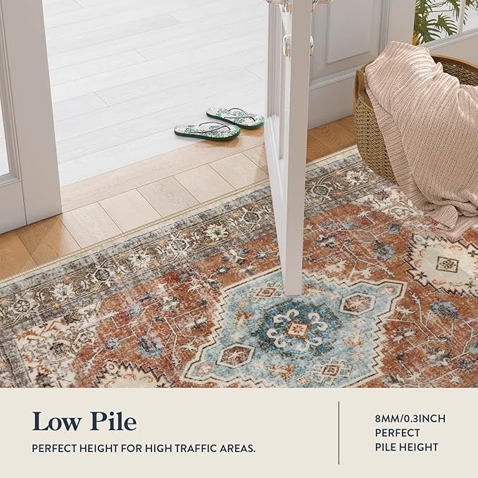 Lahome Oriental Small Rugs for Entryway, 2x3 Rug Non Slip Washable Door Mat Indoor Entrance Ultra-Thin Vintage Soft Carpet for Kitchen Bedroom Front Door Bathroom, Orange/Multi