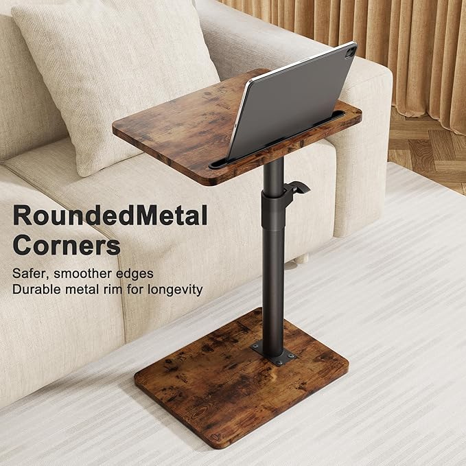 Sofa Armrest Tray Table for Couch - 360° Swivel Height Adjustable End for Small Spaces, Snack Side Table for Bed or Chair with Phone & Tablet Slot (Rustic,Standard)
