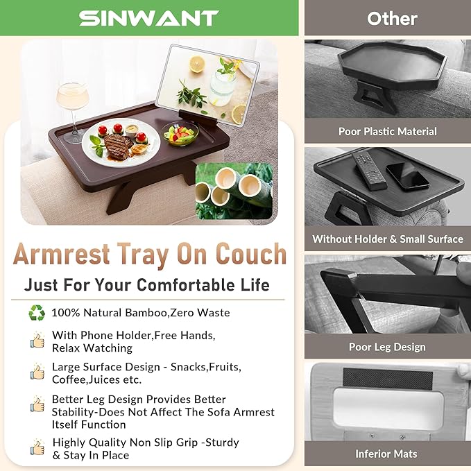 SINWANT Couch Armrest Table, Large Bamboo Couch Arm Table 360° Phone Holder,Foldable Sofa Arm Tray for Eating Drinking Snacks Remote on Chair Armrest