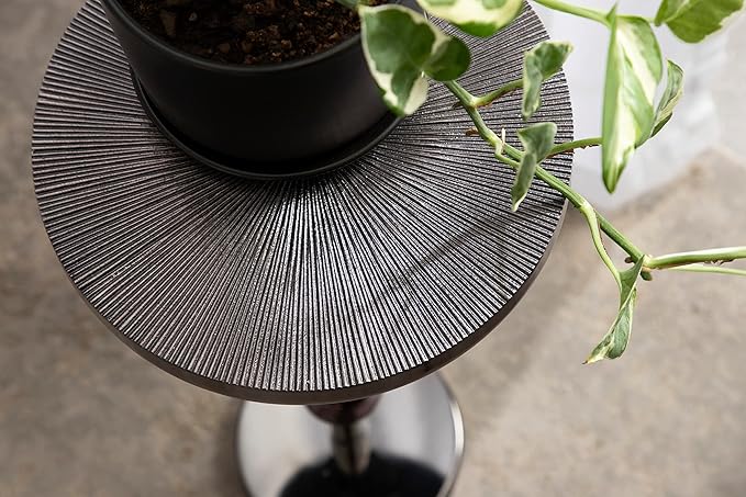 Kate and Laurel Engles Transitional Adjustable-Height Pedestal Drink Table; 10 x 10 x 30; Gray Gunmetal; Vintage Round Indoor Metal Plant Stand with Embossed Sunburst Pattern