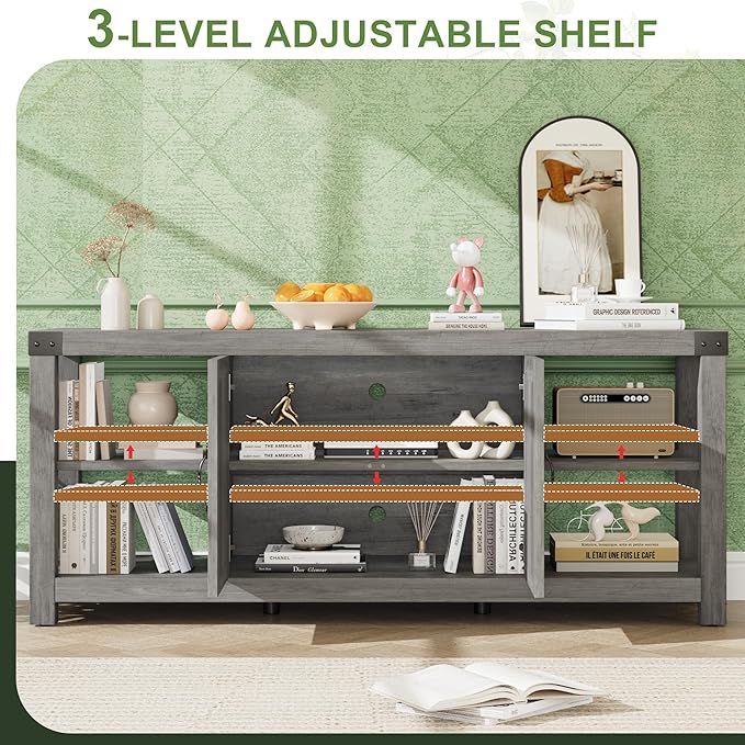 IDEALHOUSE TV Stand for 65 Inch TV, 60 Inch Entertainment Center with Storage, Farmhouse TV Console Table with Shelves,Doors, Modern TV Stand for Living Room, Bedroom - Grey