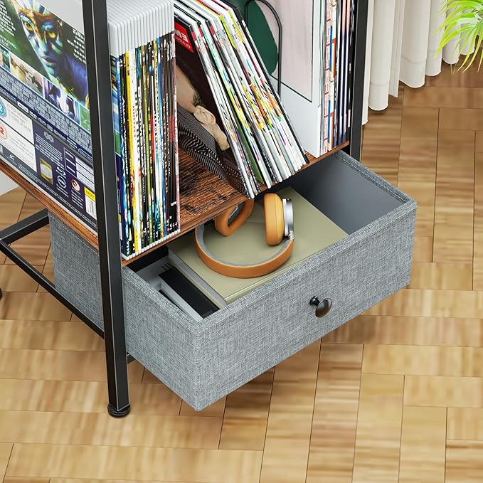 Record Player Stand with Vinyl Storage, 2-Tier Record Shelf Table with Fabric Drawer, Holds Up to 60 Vinyl Records, Record Player Table for Turntable and Albums, 15.75"D × 11.81" W× 25.59"H