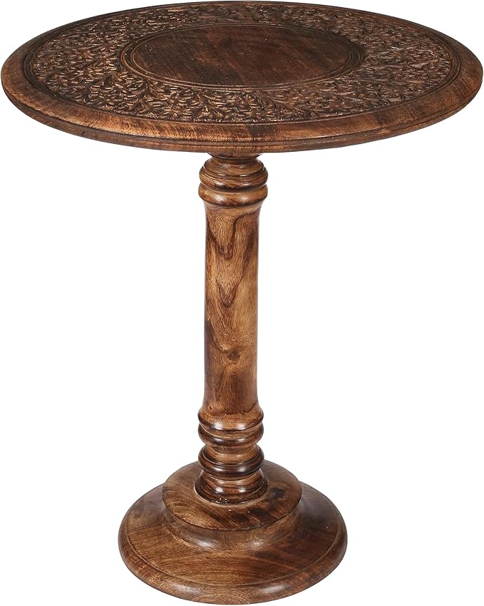 Lightnpro Hand-Carved Wooden Pillar Table - Rustic Accent Vintage Side End Table for Living Room, Entryway, Bedroom, Books, Plants, Lamps & Home Décor - Antique Burnt Finish, 18x22 Inch