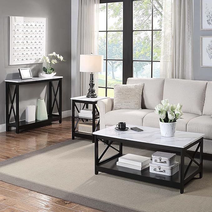 Convenience Concepts Oxford End Table 15.75" - Modern Living Room Table with Storage Shelves, Transitional Nightstand Side Table for Home Decor and Display, White Faux Marble/Black