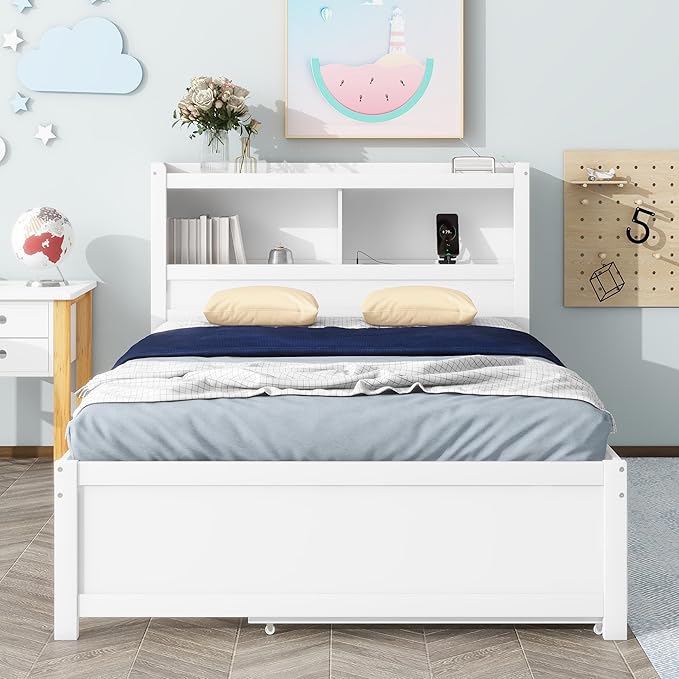 Full Size Pine Wood Platform Bed with Trundle,Drawers,2 Ports and 2 USB Plugs,Storage Bed with Pull Out Shelves,No Box Spring Needed,Perfect for Adults,Teens Bedroom Furniture,White