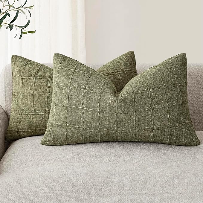 Foindtower Set of 2 Decorative Linen Check Throw Pillow Covers Neutral Farmhouse Lumbar Cushion Covers Modern Boho Home Decor for Sofa Chair Couch Bedroom Living Room Outdoor,12×20 Inch,Sage Green