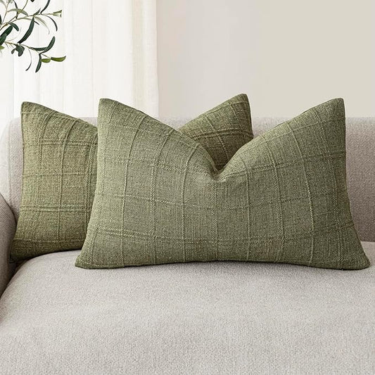 Foindtower Set of 2 Decorative Linen Check Throw Pillow Covers Neutral Farmhouse Lumbar Cushion Covers Modern Boho Home Decor for Sofa Chair Couch Bedroom Living Room Outdoor,12×20 Inch,Sage Green